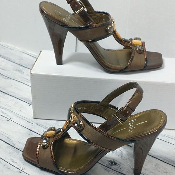 Linea Paolo SZ 8M Gold Sling Buckle Decorated Open Toe Heel Sandals - Picture 3 of 10